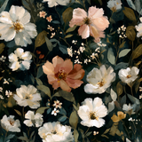 Floral bloom wallpaper with an impressionistic design and a dark botanical background.
