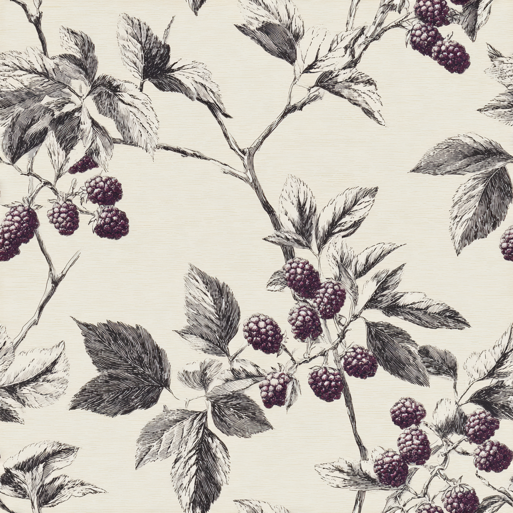 Patterned wallpaper with a brambleroot design featuring leaves and berries.
