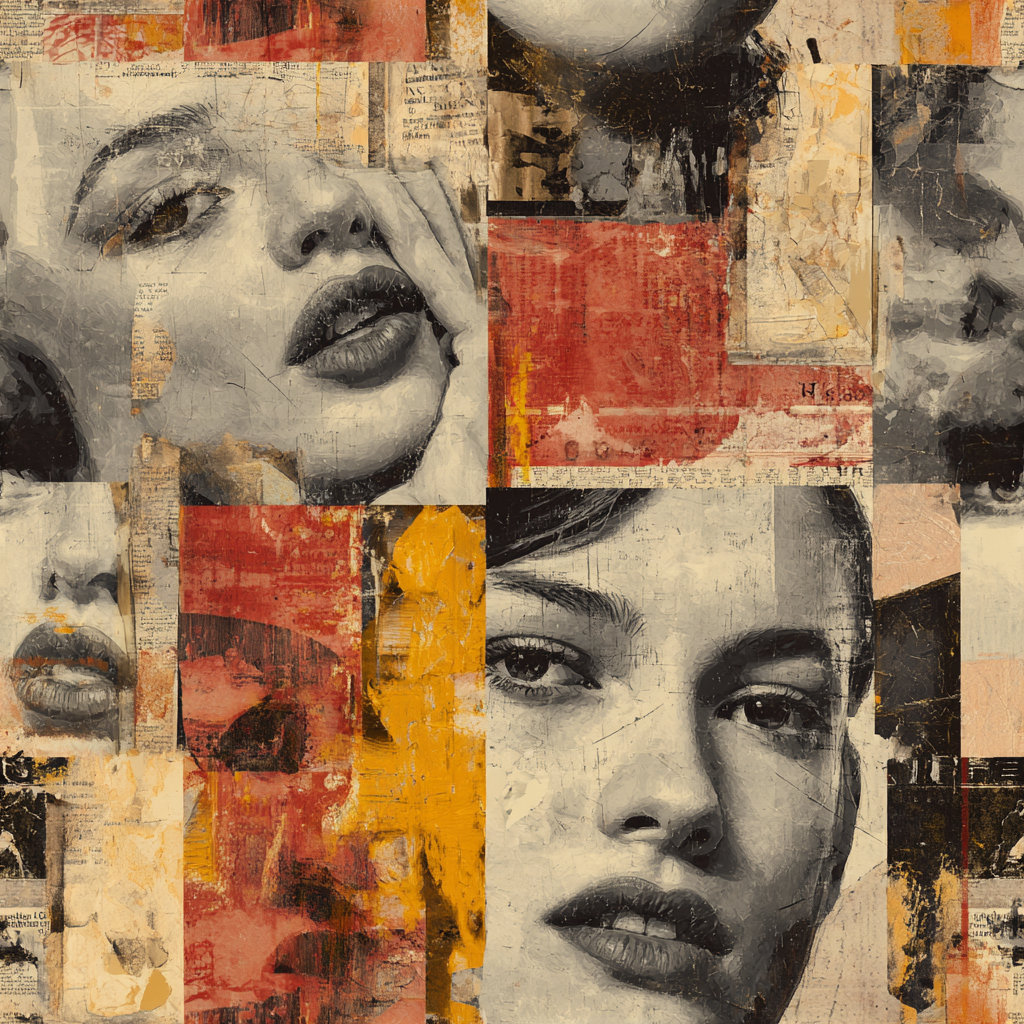 Vérité Assemblage Wallpaper with patchwork style portraits, newsprint snippets, and abstract blocks of red and gold.
