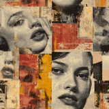 Vérité Assemblage Wallpaper with patchwork style portraits, newsprint snippets, and abstract blocks of red and gold.
