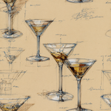 Apertif blueprint wallpaper with drink sketch patterns and faint handwritten notes.