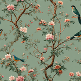 Verdant Serenade wallpaper with floral and bird pattern on a light green background.