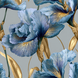 Celestine Gilded Iris Wallpaper featuring irises in shades of blue with golden accents.