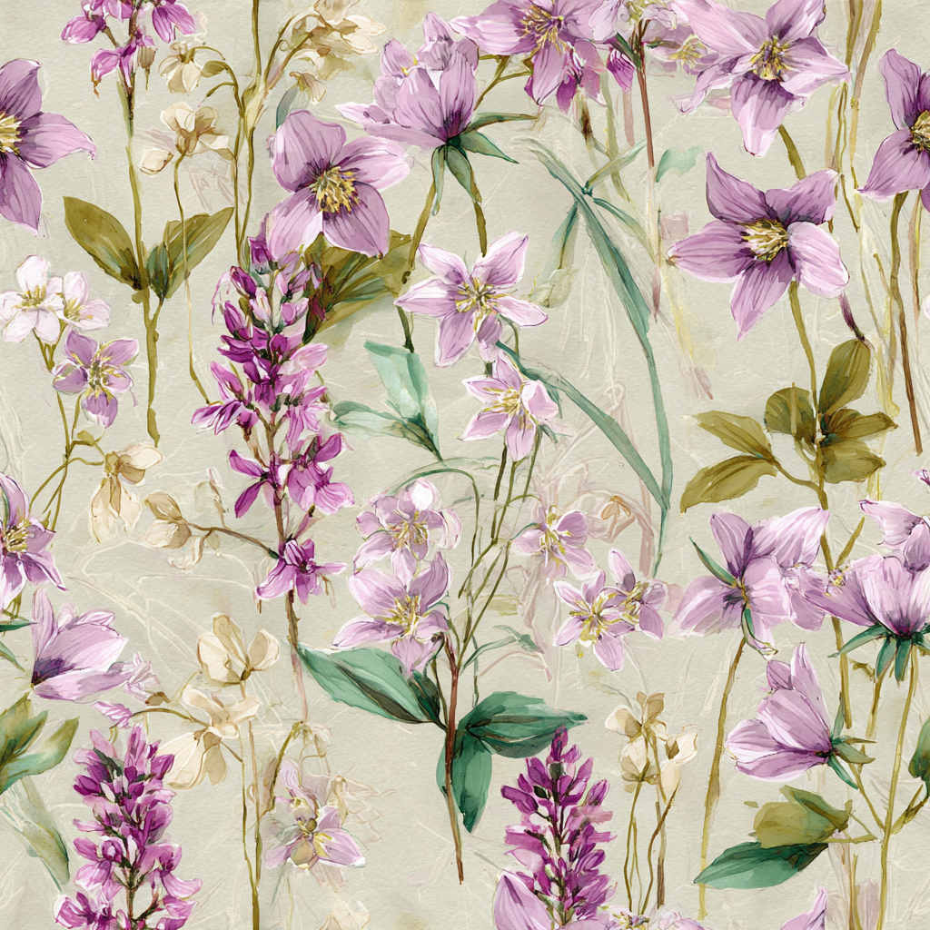 Floral trillium vale wallpaper with pink flowers on an aged, textured background.
