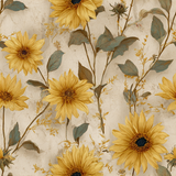 Heliora Plaster Wallpaper with yellow sunflowers pattern on a beige textured background.