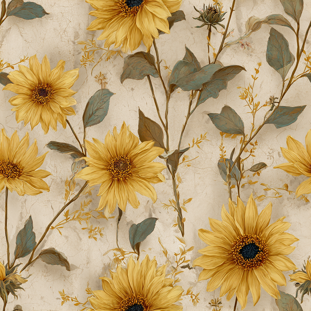 Heliora Plaster Wallpaper with yellow sunflowers pattern on a beige textured background.