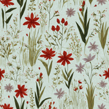 Botanical wallpaper with red and lavender flowers, from Bayou Botanica, with green leaves and grass-like accents on a light blue background.
