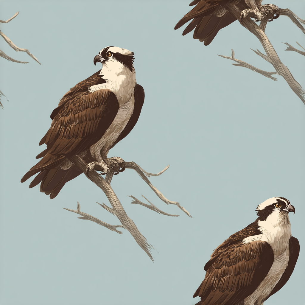 Osprey patterned wallpaper with brown birds perched on branches against a light blue background.
