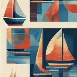 Abstract sailboat wallpaper with geometric shapes in blue, red, and orange hues.