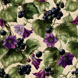 Floral wallpaper with black grapes and purple bellflowers on a beige background.