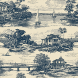 Patterned wallpaper with a toile design of houses, bridges, and sailboats on a river.
