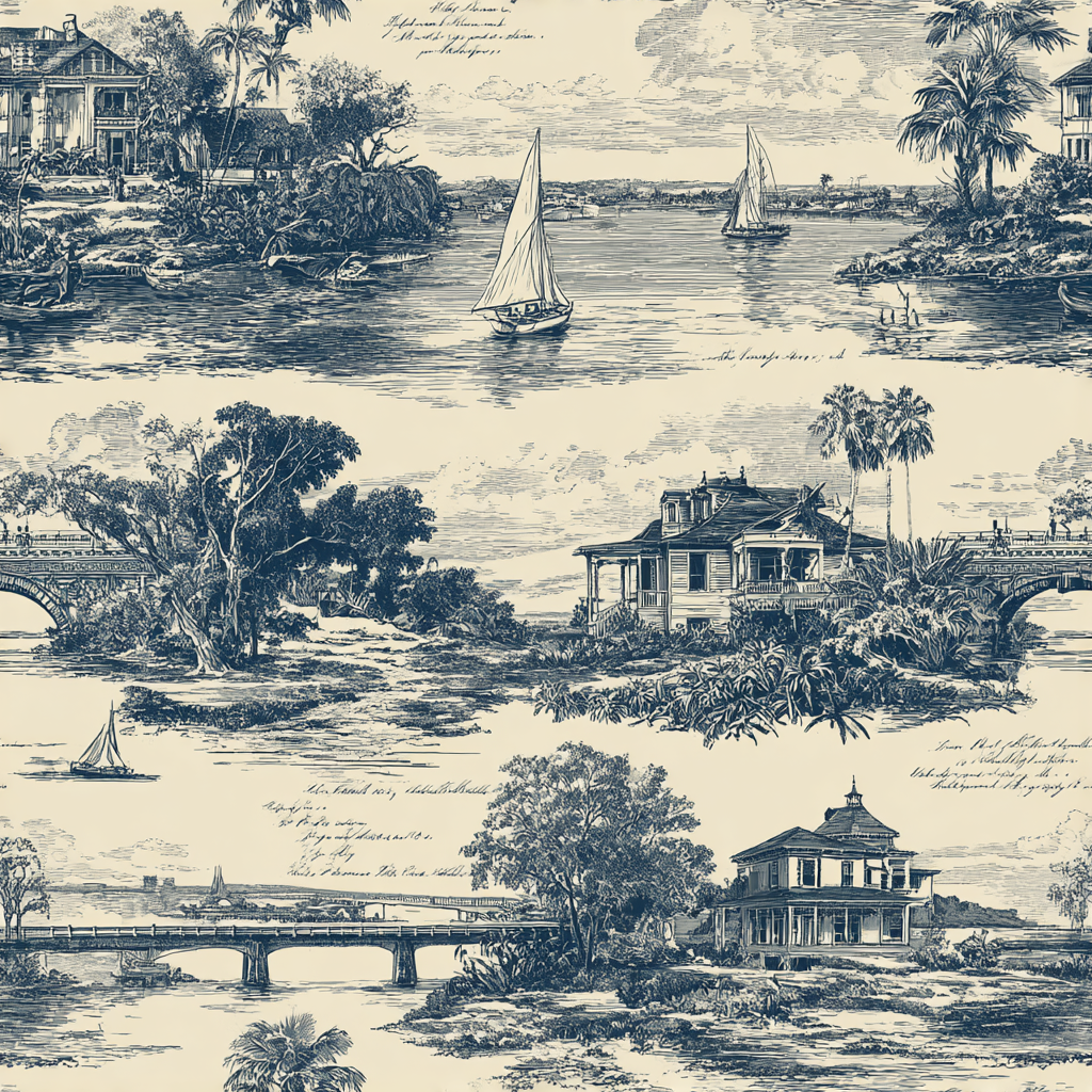 Patterned wallpaper with a toile design of houses, bridges, and sailboats on a river.
