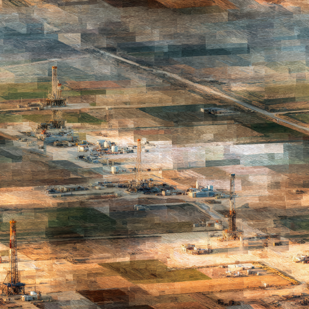 Permian Patchwork wallpaper with an abstract, textured pattern reminiscent of farmland.
