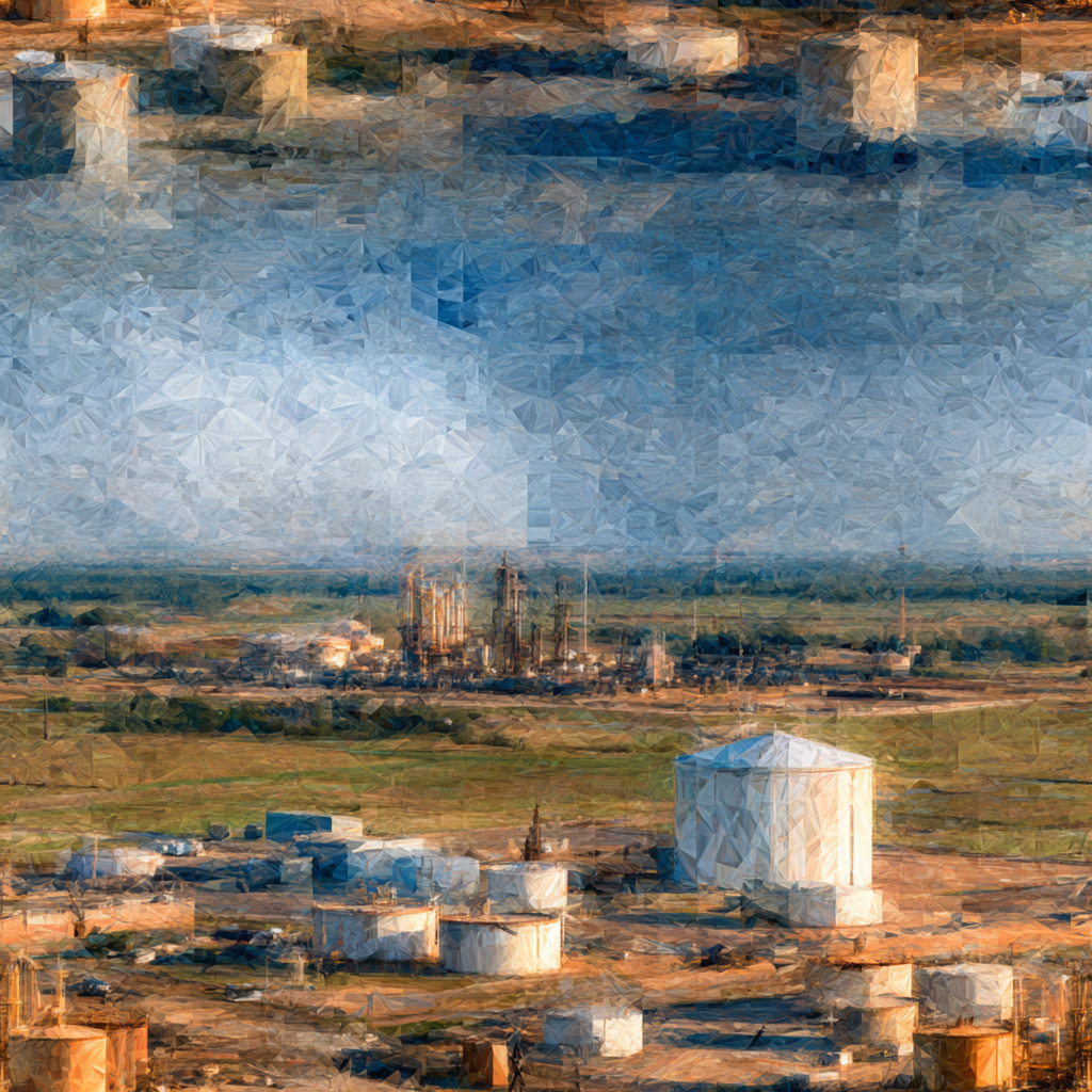 Industrial refinery wallpaper with blue sky above, textured effect.