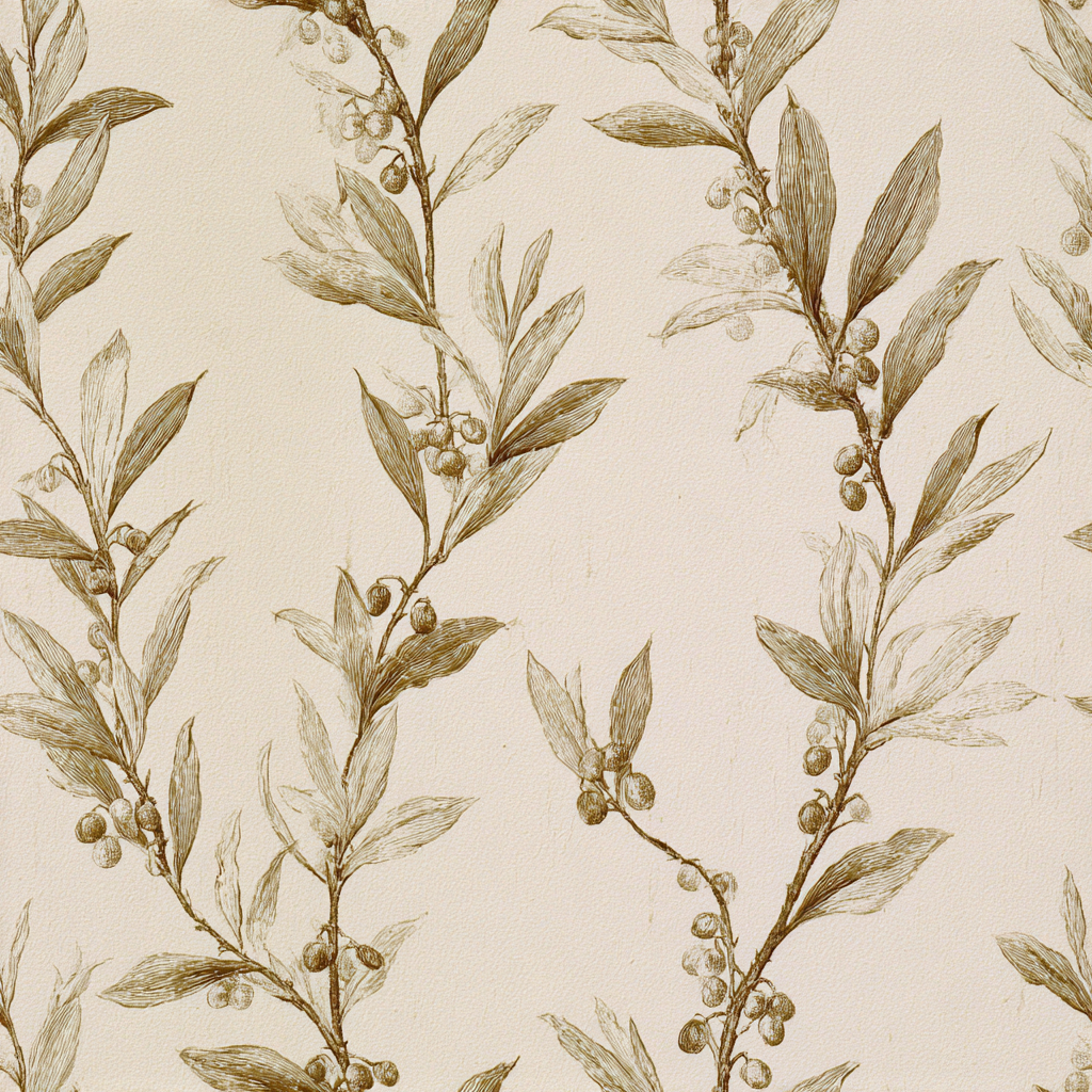 Olive Trails Wallpaper with leafy branch pattern on beige textured background.