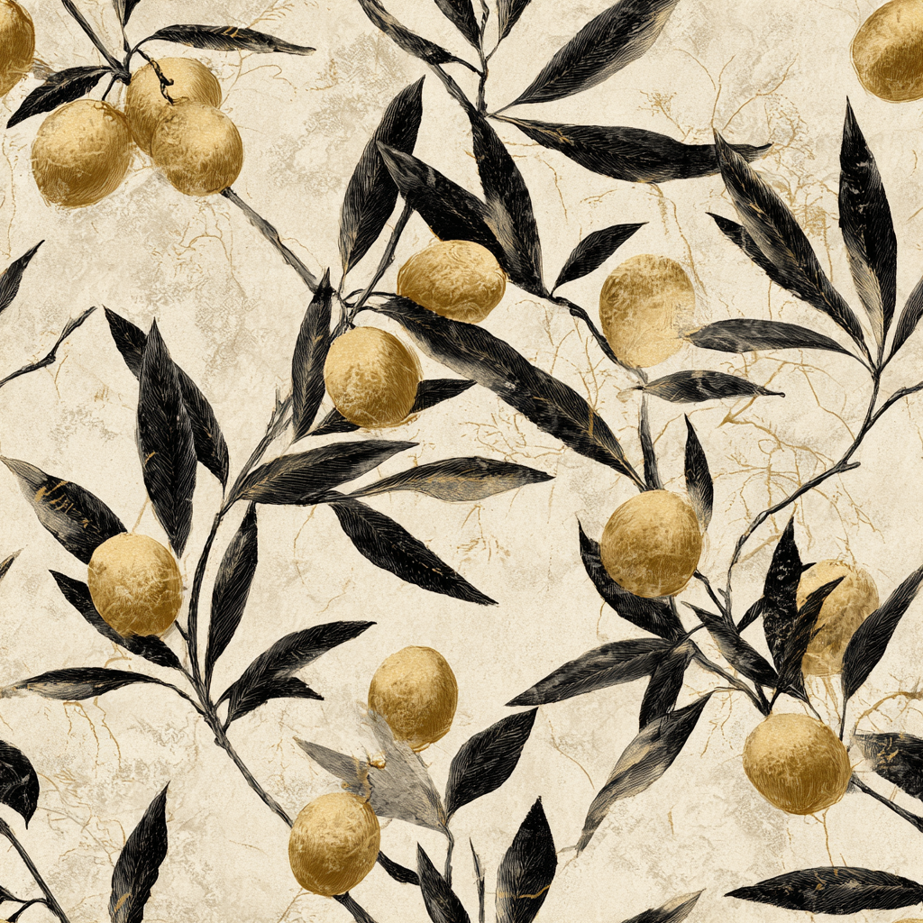 Golden Citra wallpaper with branches and citrus fruit, golden and black leaf pattern.