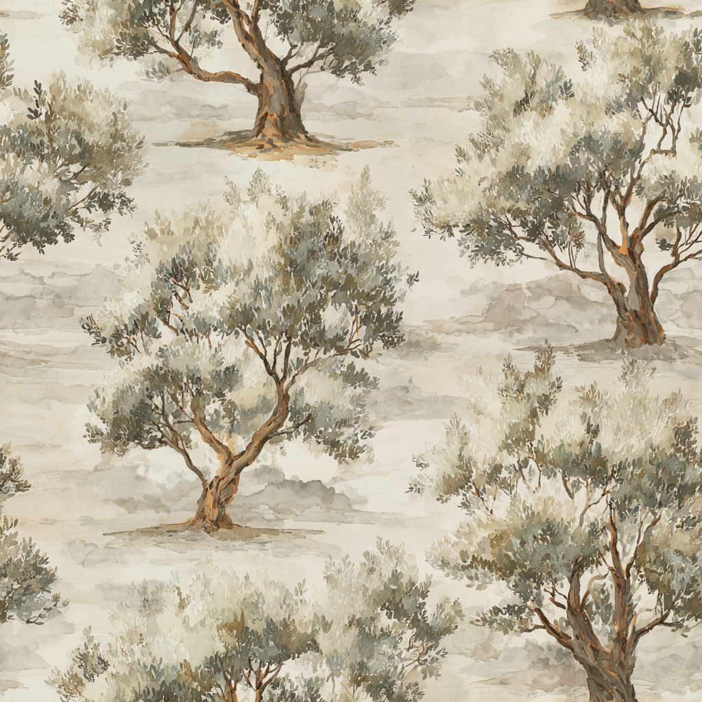 Olive grove wallpaper with neutral tones by York Wallcoverings, displaying a watercolor effect.