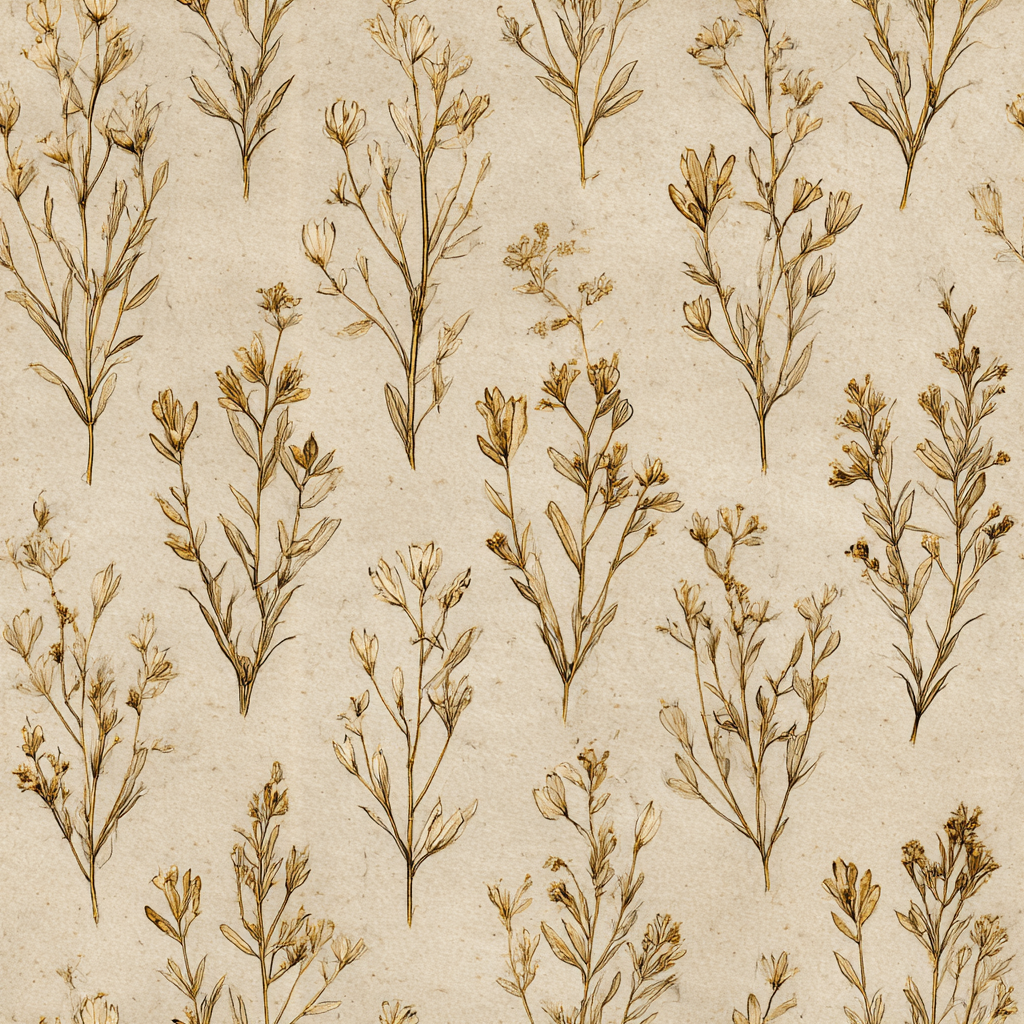 Saffron herbarium wallpaper with botanical pattern on textured cream background.