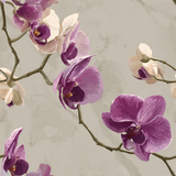 Orchid Blossom Wallpaper with purple and white floral pattern on a textured background.