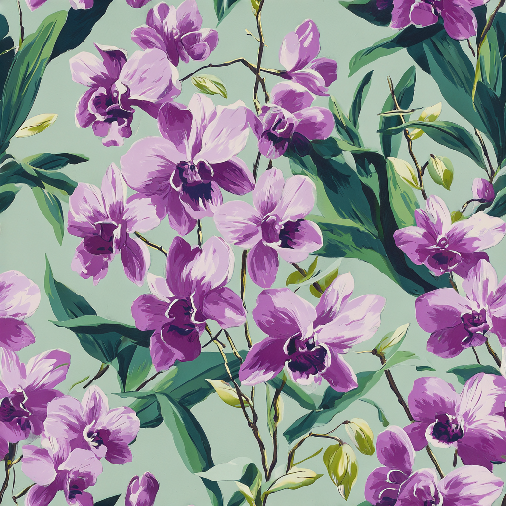 Floral Tropica wallpaper with orchids and green leaves on a muted green backdrop.