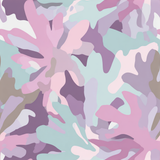 Pastel camouflage wallpaper with floral-like shapes in pink, purple, and teal tones.