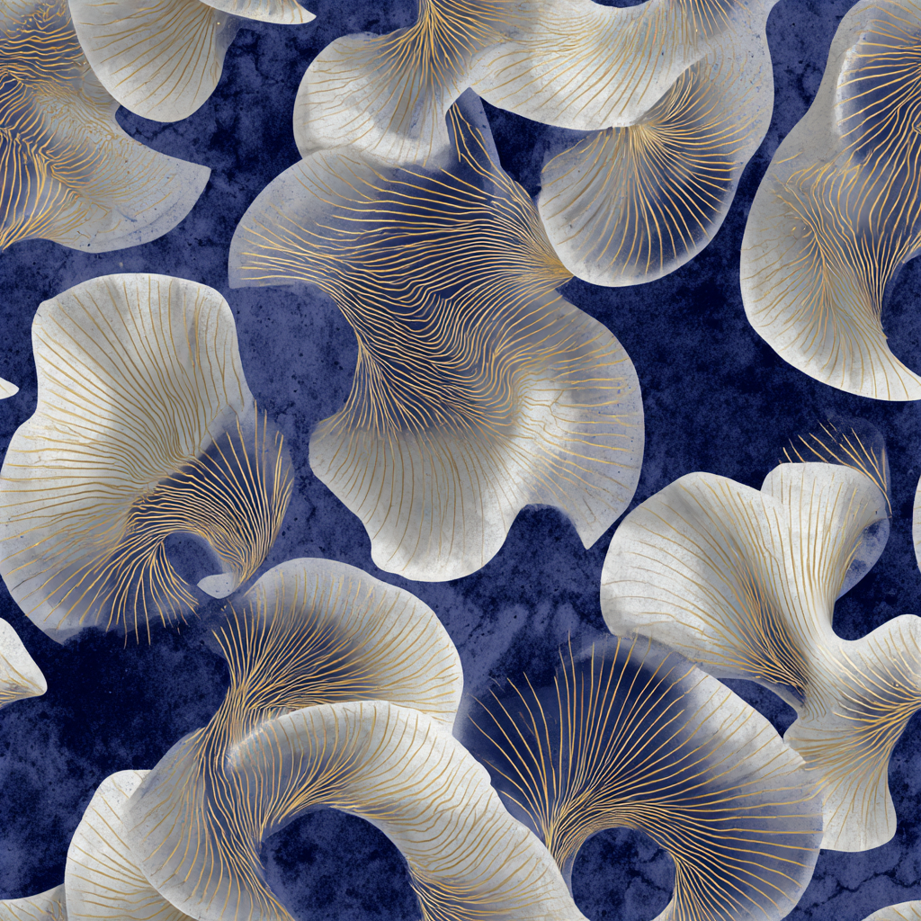 Navy blue gilded petalum wallpaper with white petal patterns and abstract gold line detailing.
