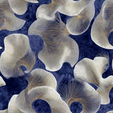 Navy blue gilded petalum wallpaper with white petal patterns and abstract gold line detailing.