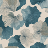 Abstract blue and beige wallpaper with organic line art patterns.