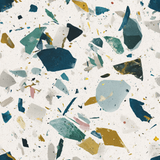 Multicolor Brackish Wallpaper with terrazzo pattern of colorful chips on a white background.
