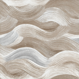 Neutral-toned wallpaper with wavy brushstroke pattern and textured finish.