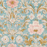 Floral wallpaper with a light blue background, from Azure Fleurs, featuring pink and white flower bouquets and gold leaf accents.
