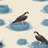 Blue sentinel wallpaper with osprey and nest pattern, in blue on cream.

