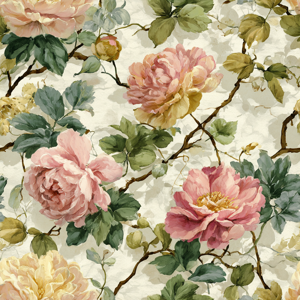 Floral wallpaper with pink and yellow roses, foliage, and branches on a textured background.
