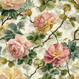 Floral wallpaper with pink and yellow roses, foliage, and branches on a textured background.
