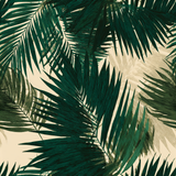Green and beige wallpaper with a tropical palm leaf pattern.