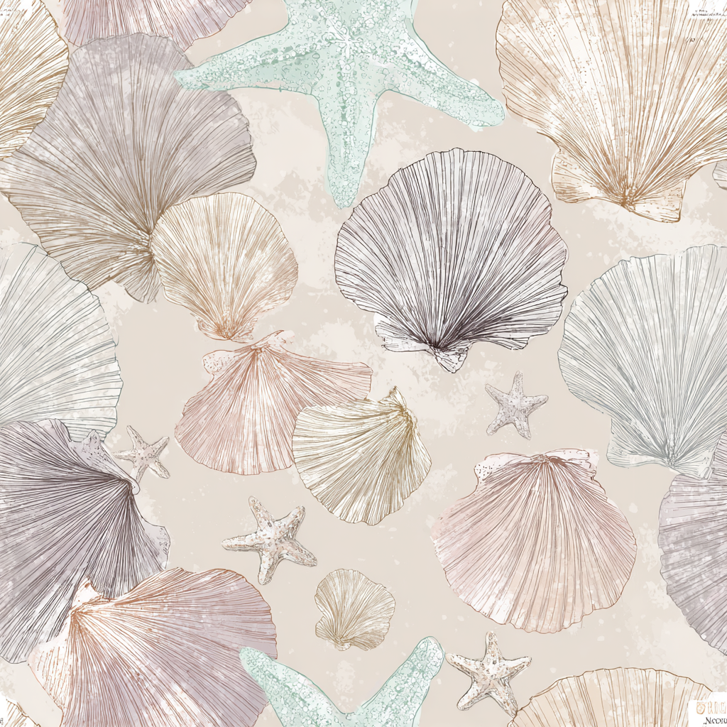 Low Tide Relics wallpaper with a seashell and starfish pattern.