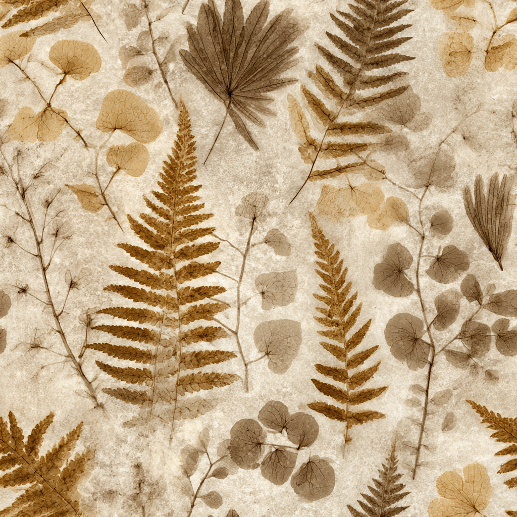 Botanical wallpaper with brown fern and eucalyptus leaf pattern.