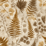 Botanical wallpaper with brown fern and eucalyptus leaf pattern.