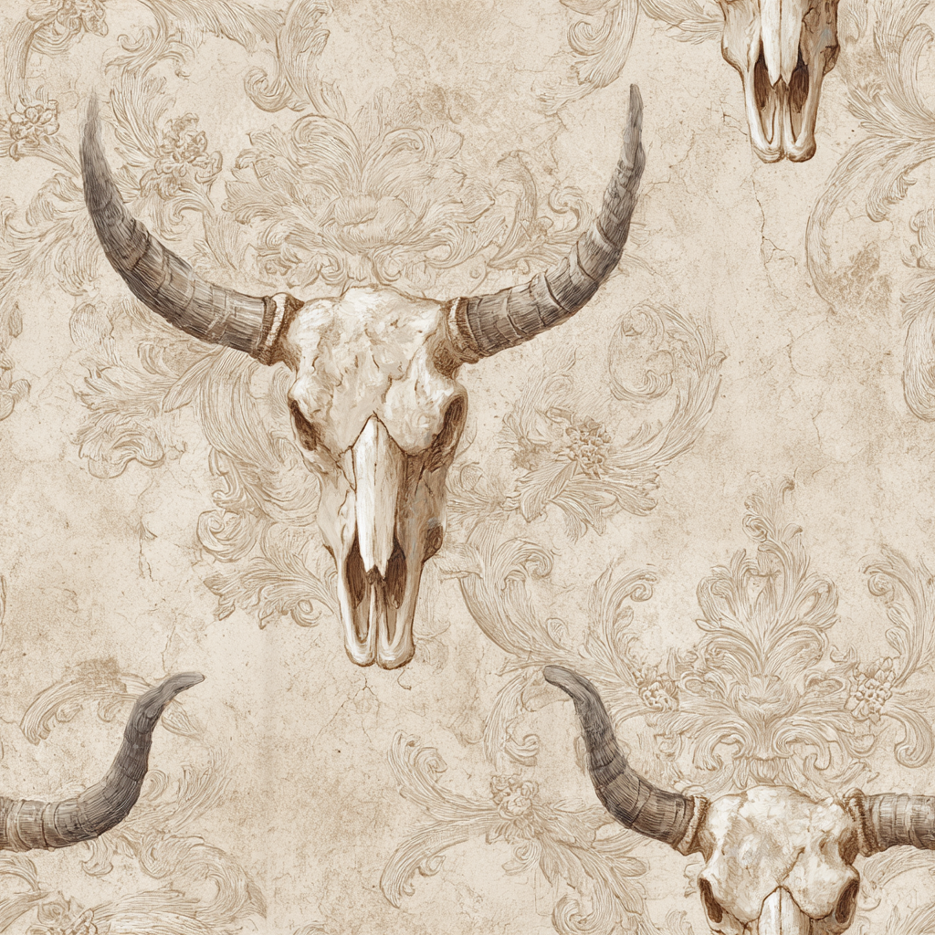 Neutral-toned wallpaper with longhorn skull pattern over floral damask background.
