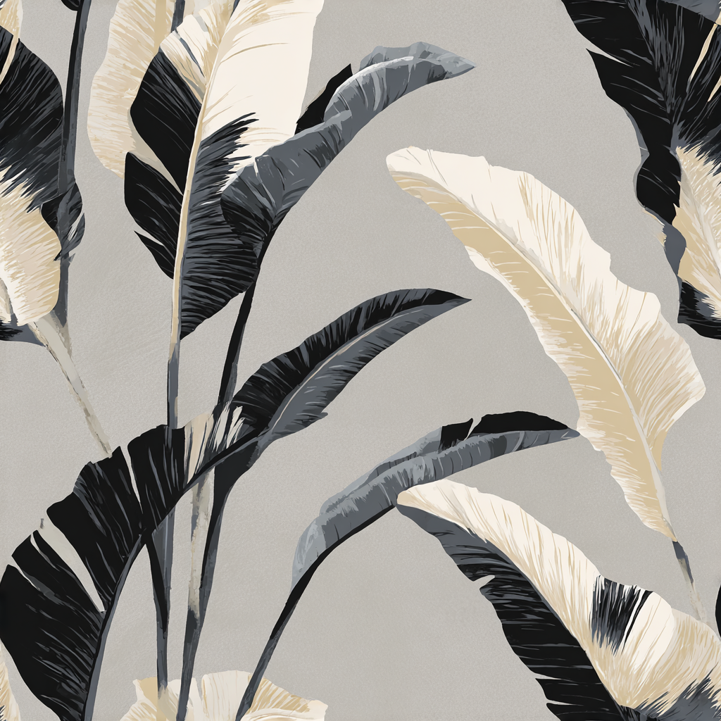 Gray wallpaper with illustrated black and beige banana leaf pattern.