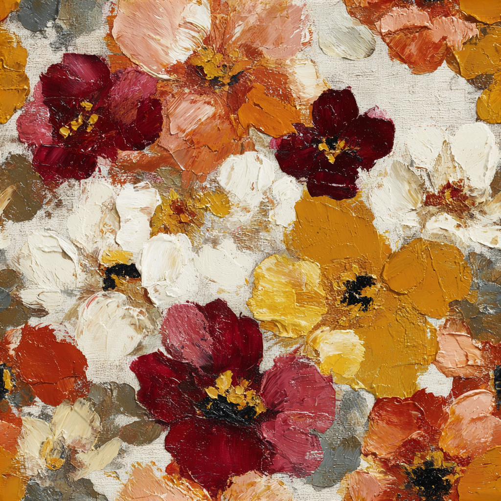 Floral Provençal Bloom Wallpaper with red, orange, and yellow flowers on a white canvas texture.
