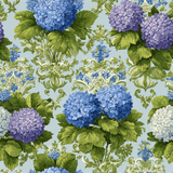 Floral hydrangea wallpaper with blue and purple blossoms, intricate damask details.
