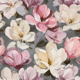 Floral magnolia wallpaper with pink and cream blooms on a gray background.