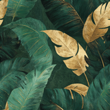 Green and gold leaf patterned wallpaper with jungle botanical design.