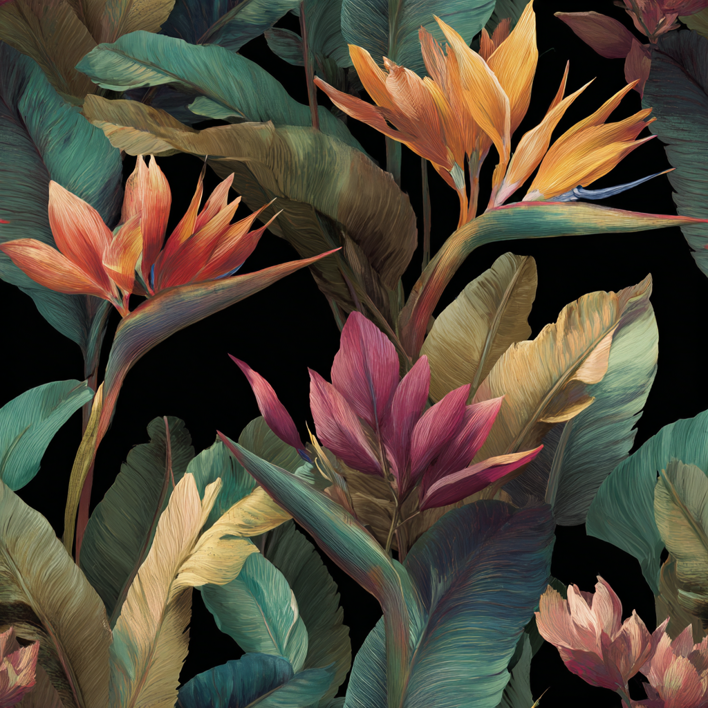 Jungle Nocturne Wallpaper with tropical leaf and bird of paradise pattern on a black background.
