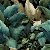Jungle Tones wallpaper with lush botanical leaf pattern on a dark background.
