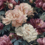 Floral peony wallpaper with deep tones, accented with leaves and floral buds.
