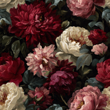 Floral peony wallpaper with red, pink, and cream blooms on a dark background.