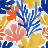 Colorful Matisse Mingle Wallpaper with abstract floral shapes in blue, orange, yellow, and pink.