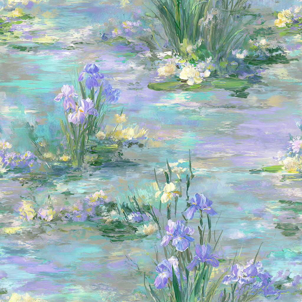 Painterly floral wallpaper with a garden party motif, featuring impressionistic textures and pastel color palette.